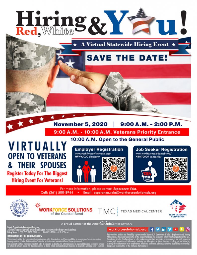 Hiring Red, White, and YOU! A Virtual Statewide Hiring Event, November 5th from 9am - 2pm. Veterans and their spouses Receive Priority Entrance from 9am - 10am. Open to the general public 10am - 2pm. Click Below to register.