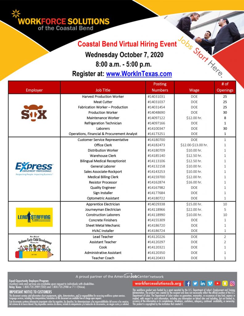 Join us at the Coastal bend Virtual Hiring Event on Wednesday, October 7, 2020 from 8:00 A.M. - 5:00 P.M. 16 Employers will be participating with many job opportunities. Register at www.workintexas.com
